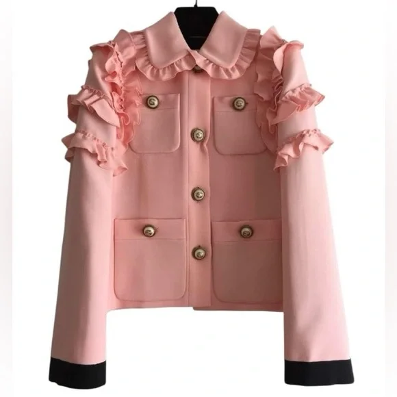 💕SOLD💕GUCCI Ruffle-trimmed Silk And Wool-blend Jacket In blush pink - Picture 6 of 8